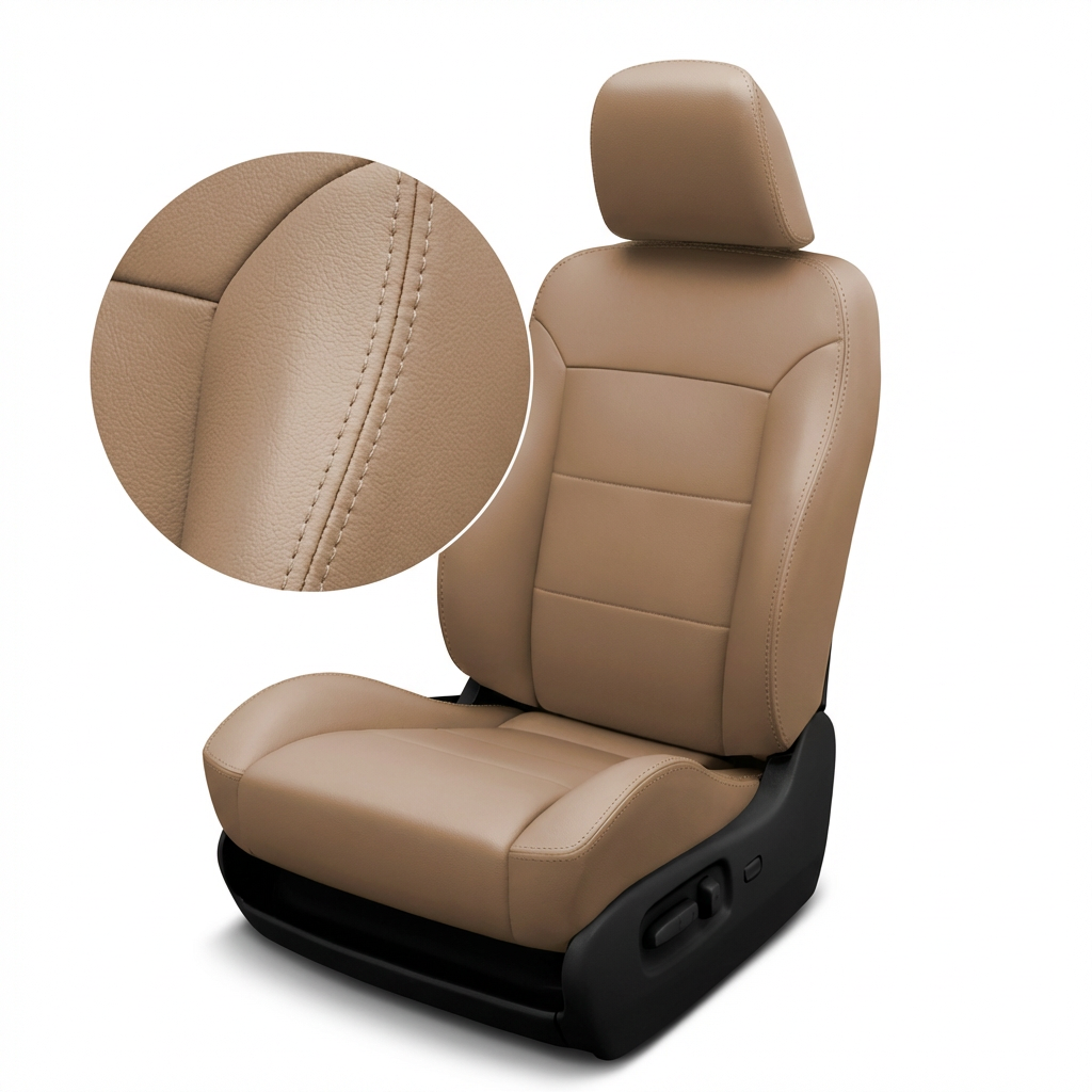 Beige car seat cover with detailed stitching on a white background