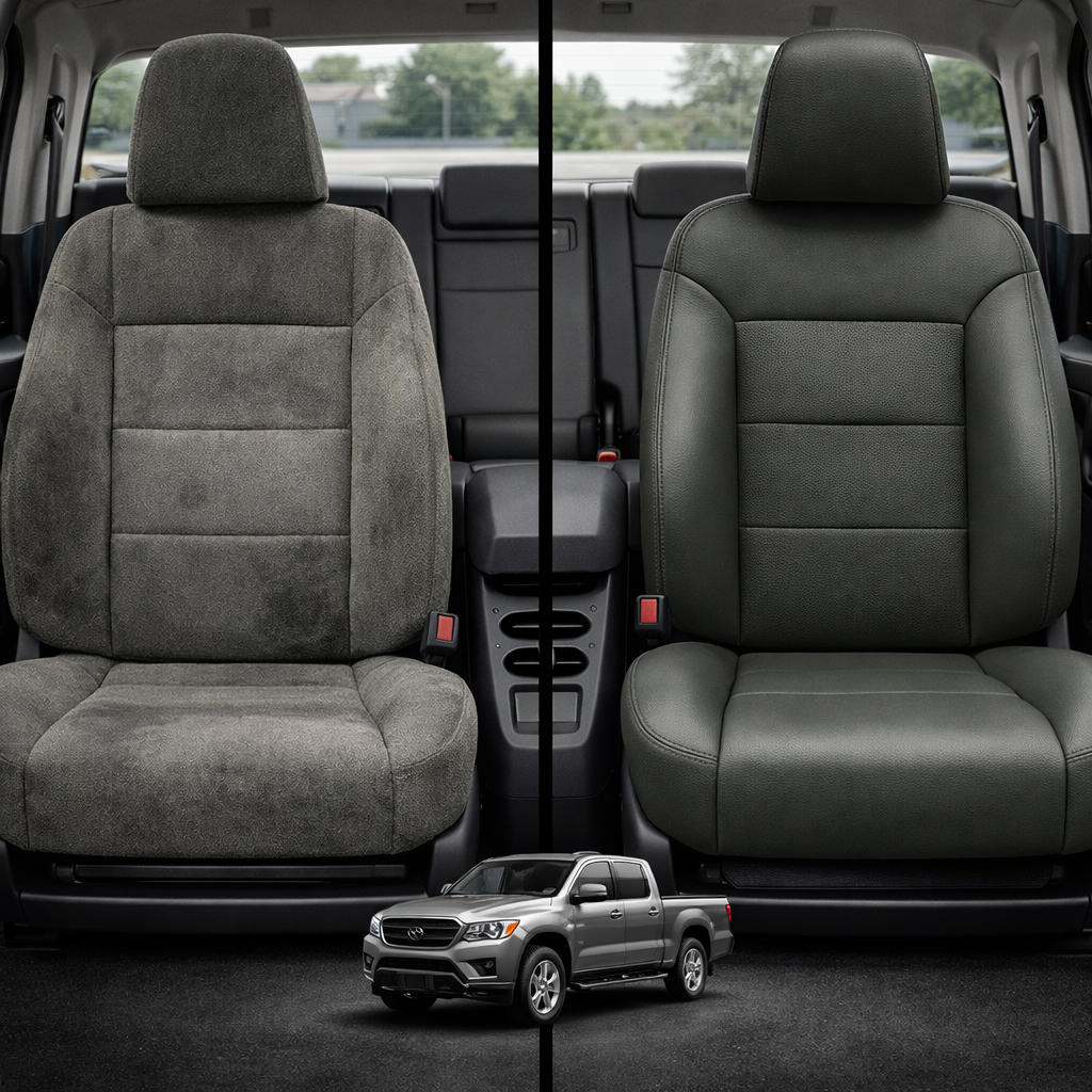 Before-and-after comparison of Isuzu I-350 front seats, showing cloth seat upgraded to perforated leather upholstery.