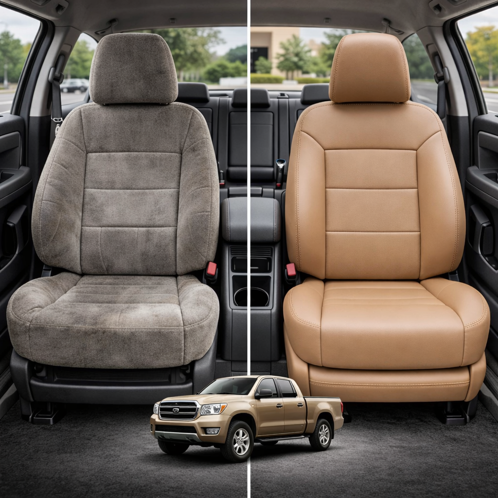 Before-and-after comparison of Isuzu i-290 front seats, showing cloth seat upgraded to perforated leather upholstery.
