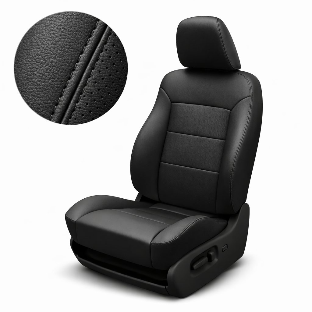 Black car seat with headrest and detailed close up stitching on a white background