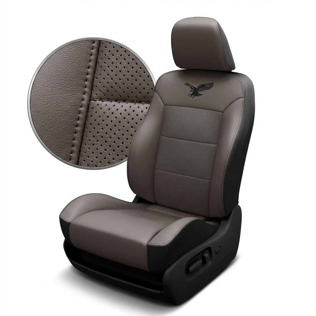Brown car seat with detailed stitching and an eagle logo on a white background