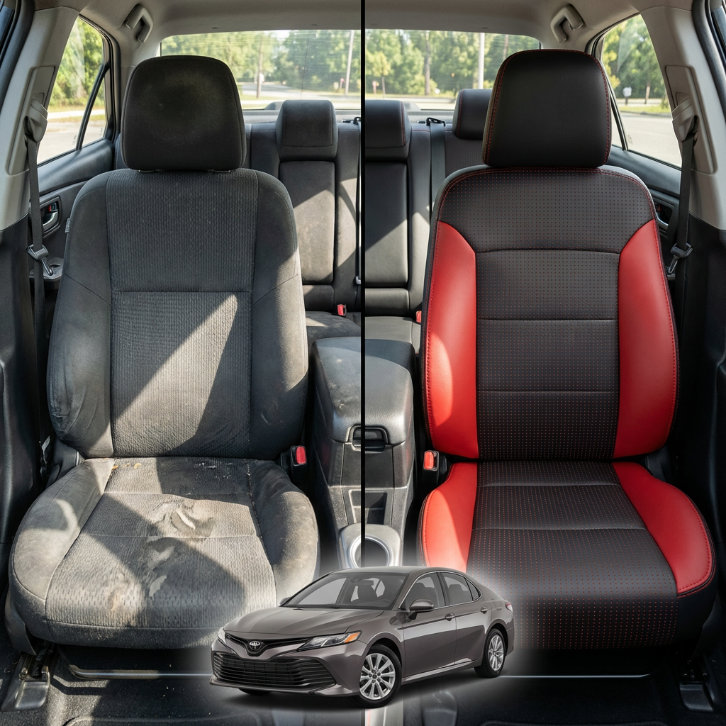 Before-and-after comparison of front seats, showing cloth seat upgraded to perforated leather upholstery.