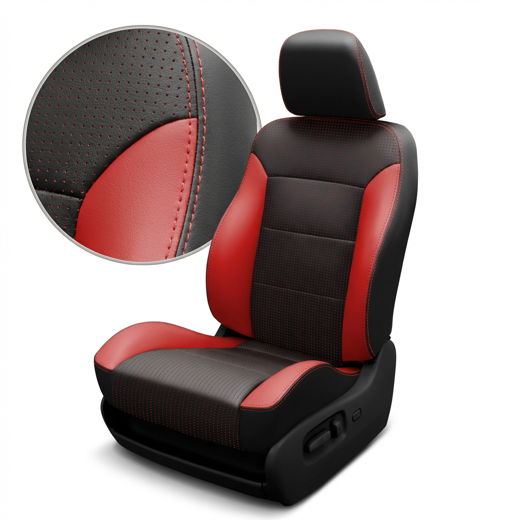 Black and red car seat cover with detailed stitching on a white background