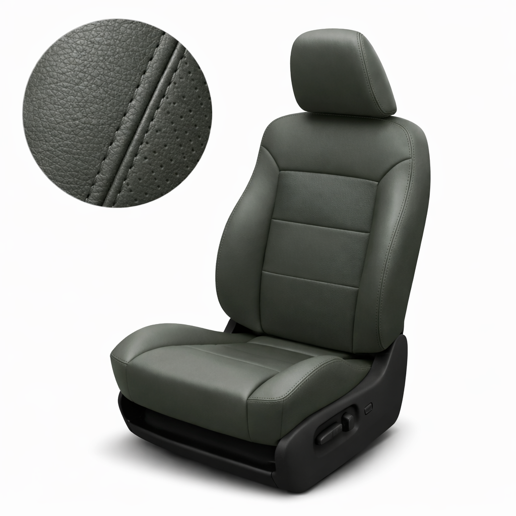 Dark gray carseat with headrest and detailed close up stitching on a white background