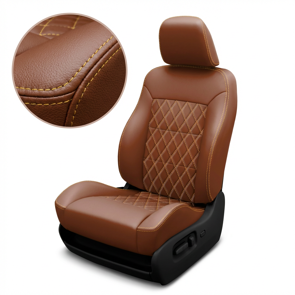 Brown leather car seat with detailed stitching on a white background