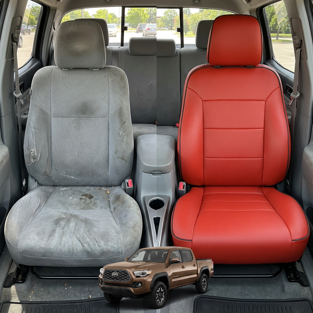 Before-and-after comparison of front seats, showing cloth seat upgraded to perforated leather upholstery.