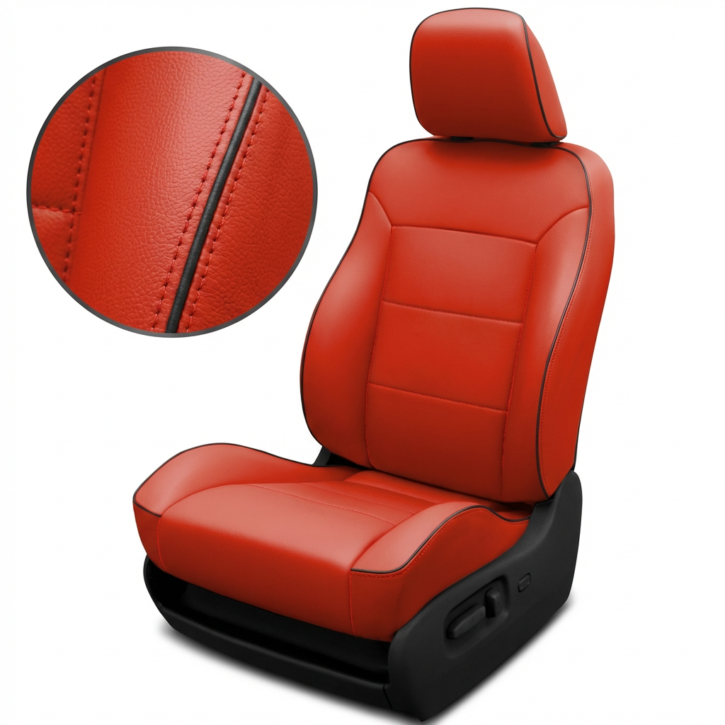 Red car seat cover with black stitching detail on a white background