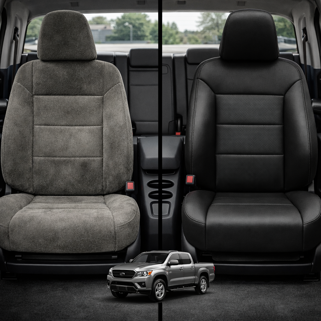 Before-and-after comparison of Pontiac Torrent front seats, showing cloth seat upgraded to perforated leather upholstery.