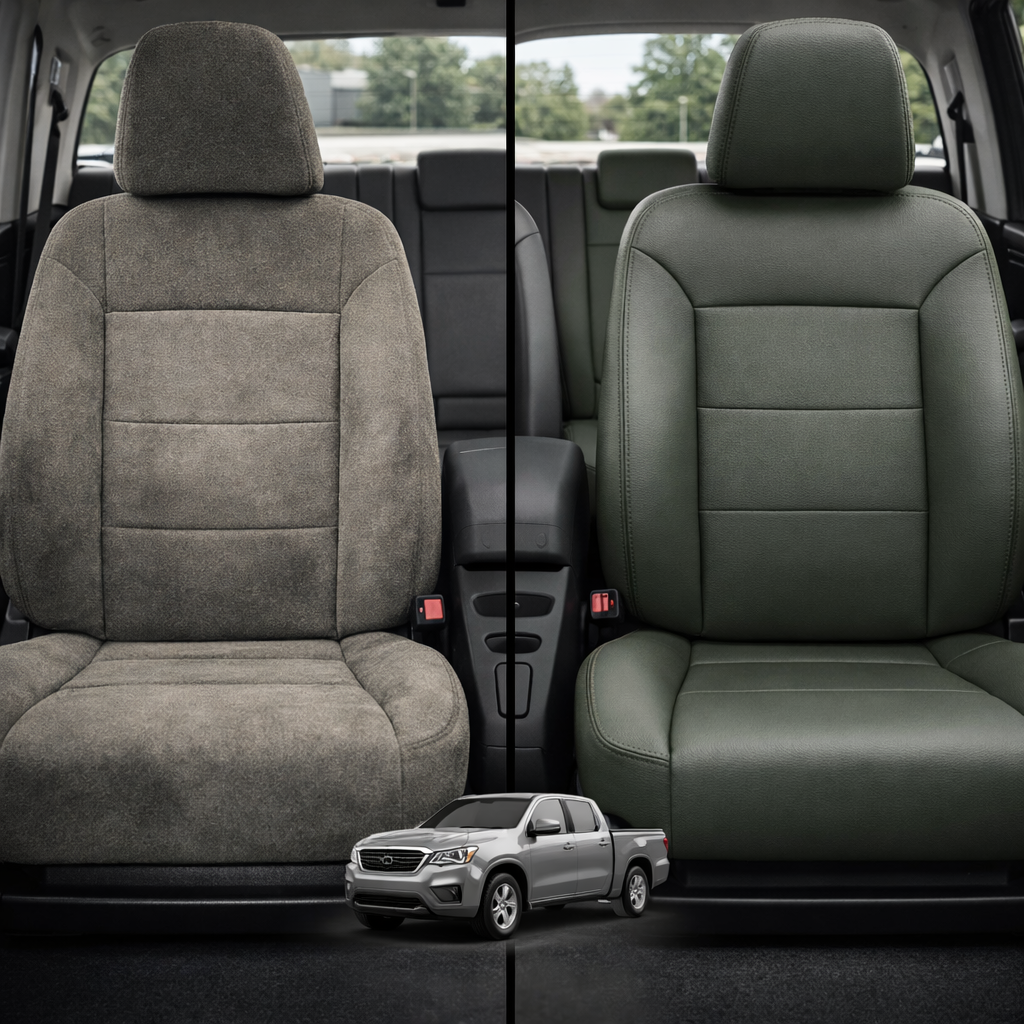 Before-and-after comparison of Subaru front seats, showing cloth seat upgraded to perforated leather upholstery.