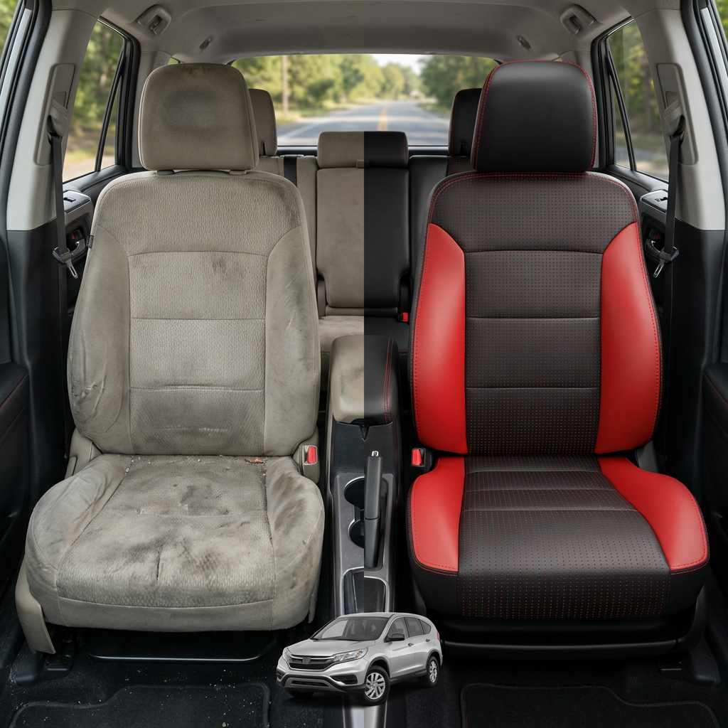 Before-and-after comparison of front seats, showing cloth seat upgraded to perforated leather upholstery.
