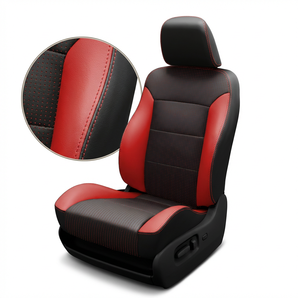 Black and red car seat cover with close-up of stitching detail on a white background
