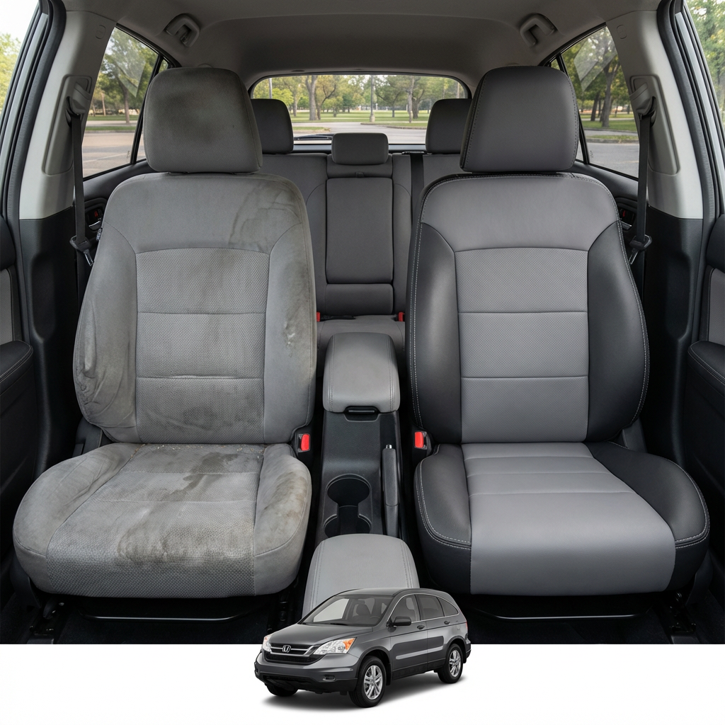 Before-and-after comparison of front seats, showing cloth seat upgraded to perforated leather upholstery.
