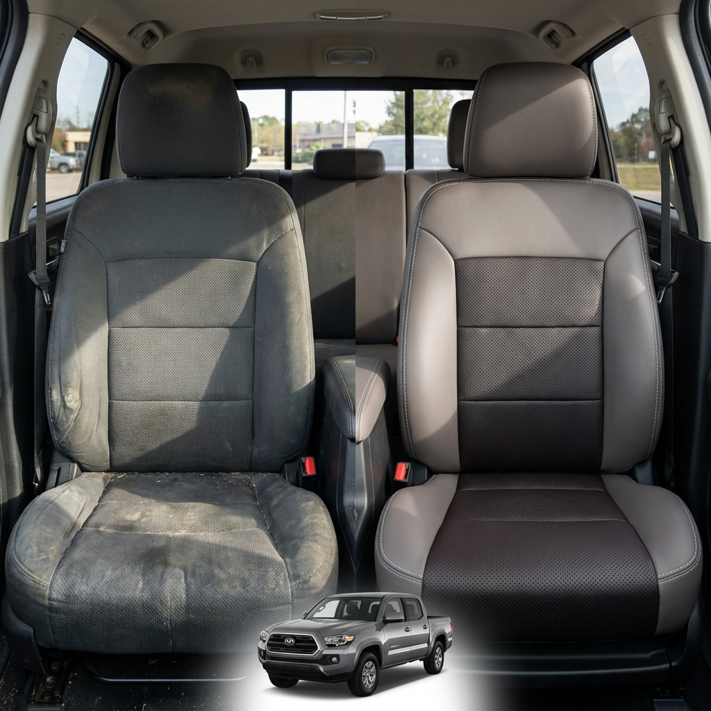 Before-and-after comparison of front seats, showing cloth seat upgraded to perforated leather upholstery.