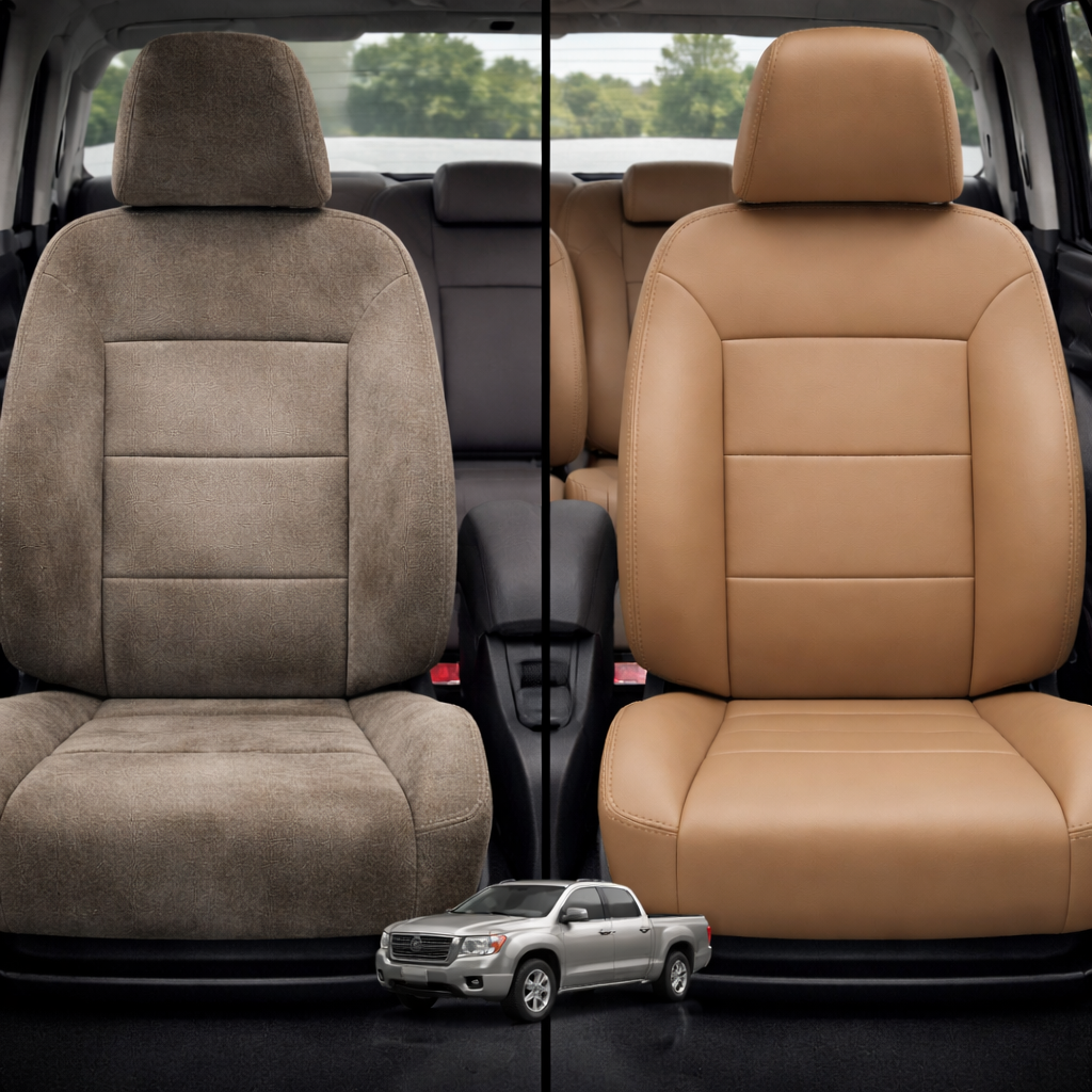 Before-and-after comparison of Mazda 5 front seats, showing cloth seat upgraded to perforated leather upholstery.