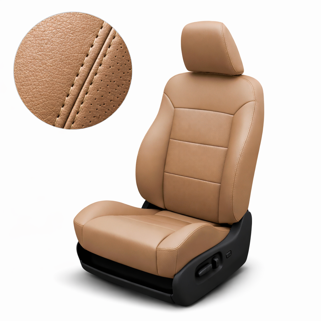 Tan/Beige car seat with headrest and detailed close up stitching on a white background