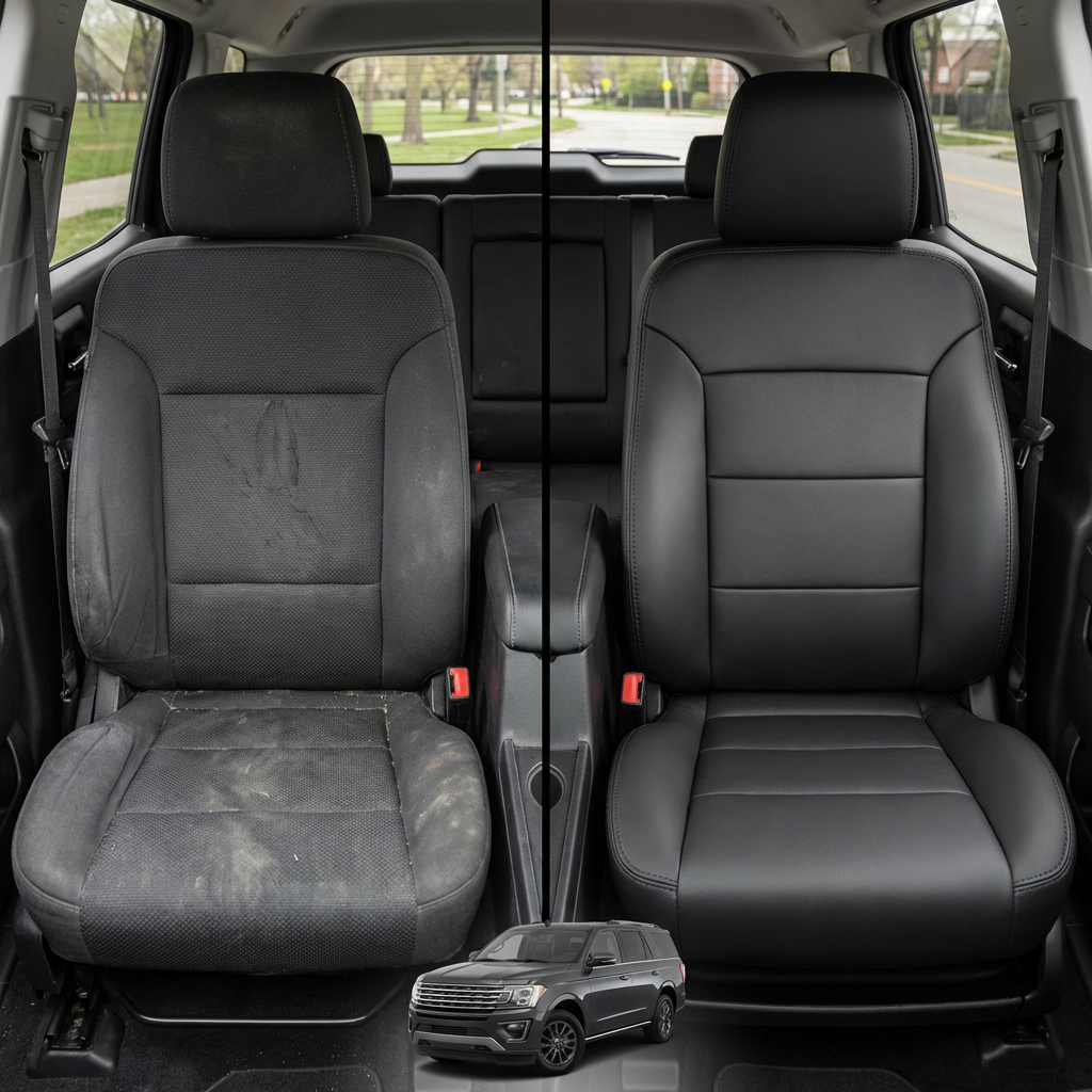 Before-and-after comparison of Hyundai Azera front seats, showing original cloth seat upgraded to perforated leather upholstery.