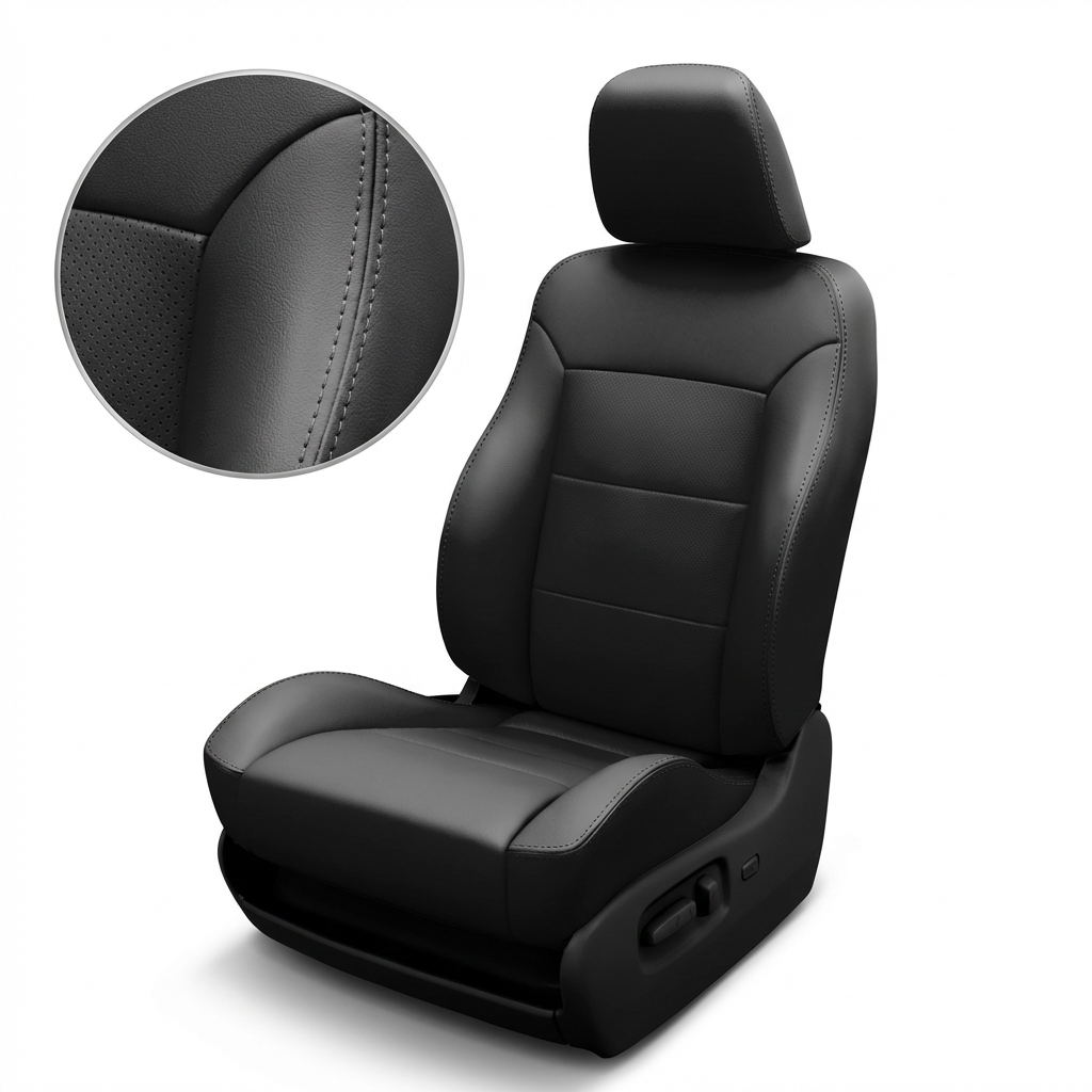 Black car seat cover with detailed stitching on a white background