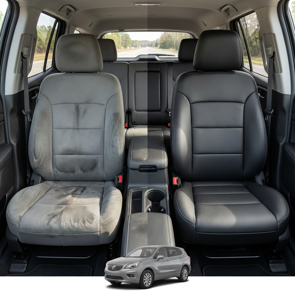 Before-and-after comparison of Honda Fit front seats, showing original cloth seat upgraded to perforated leather upholstery.