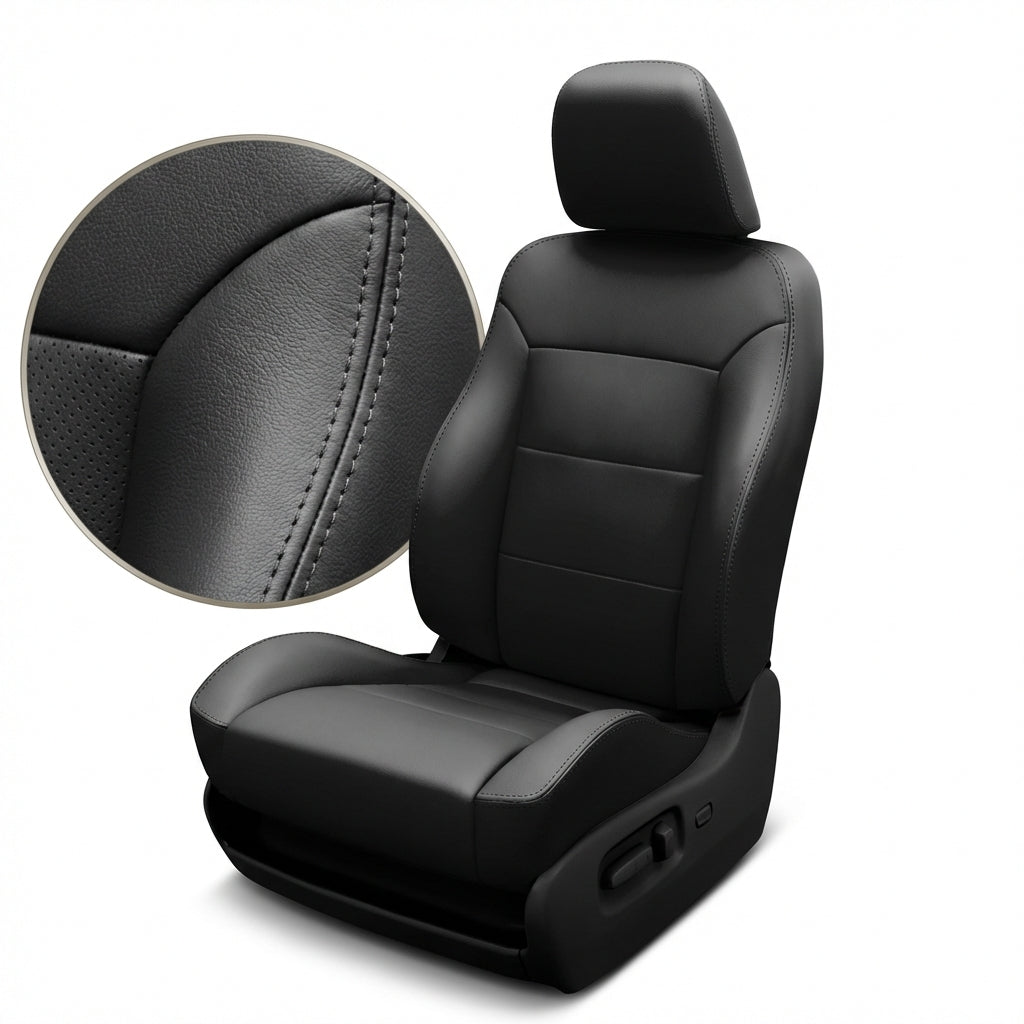 Black car seat cover with detailed stitching on a white background