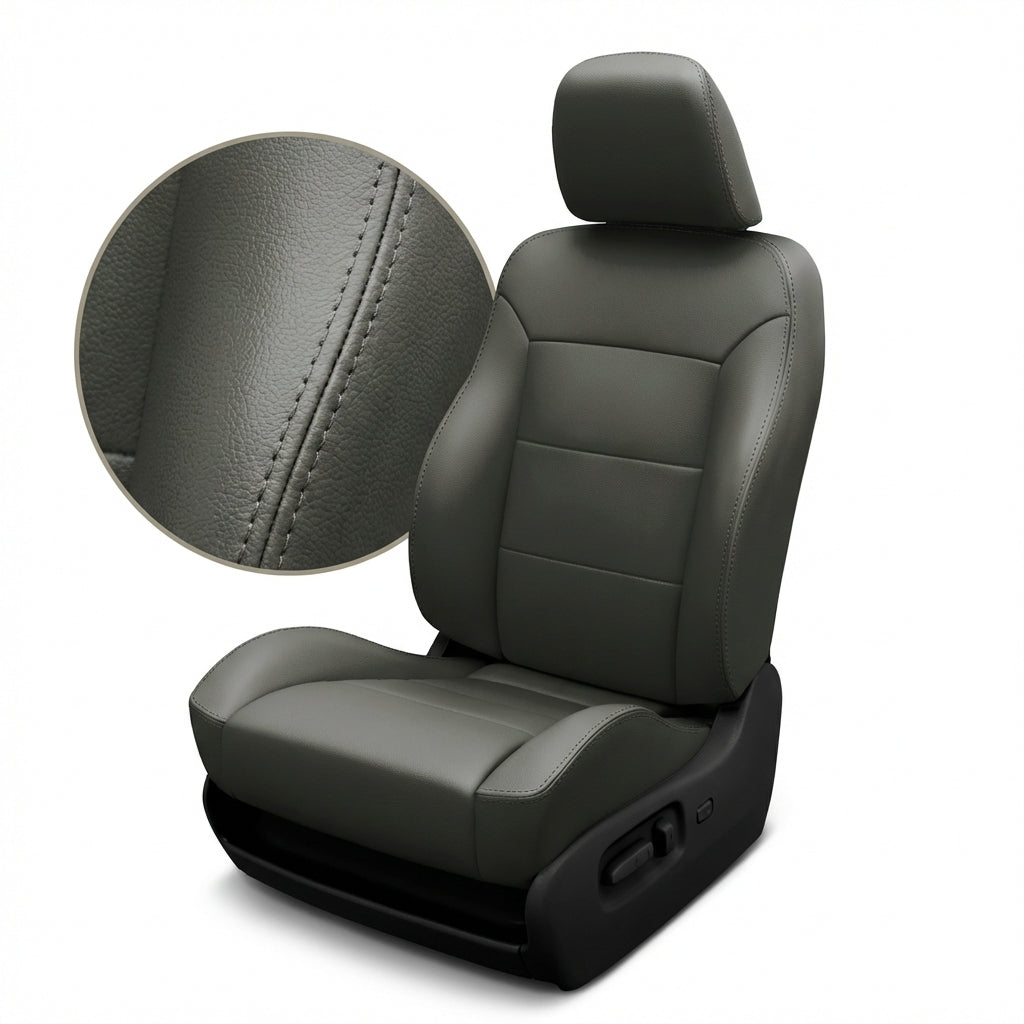 Gray car seat with detailed stitching on a white background