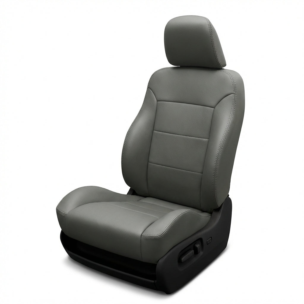 Gray car seat with black base on a white background