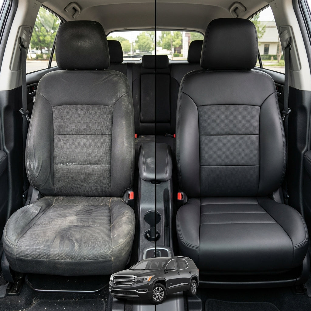 Before-and-after comparison of Saturn_Outlook front seats, showing original cloth seat upgraded to perforated leather upholstery.