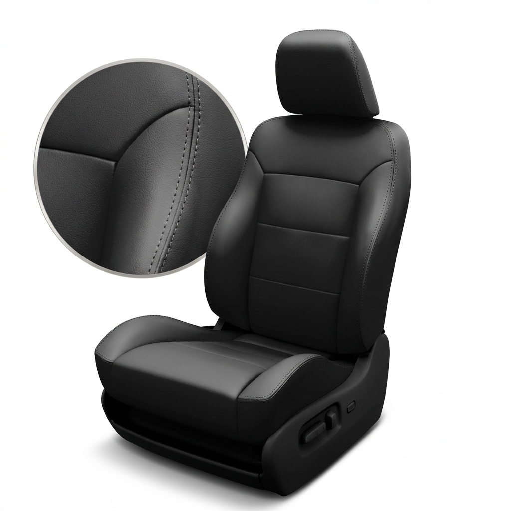 Black car seat cover with detailed stitching on a white background