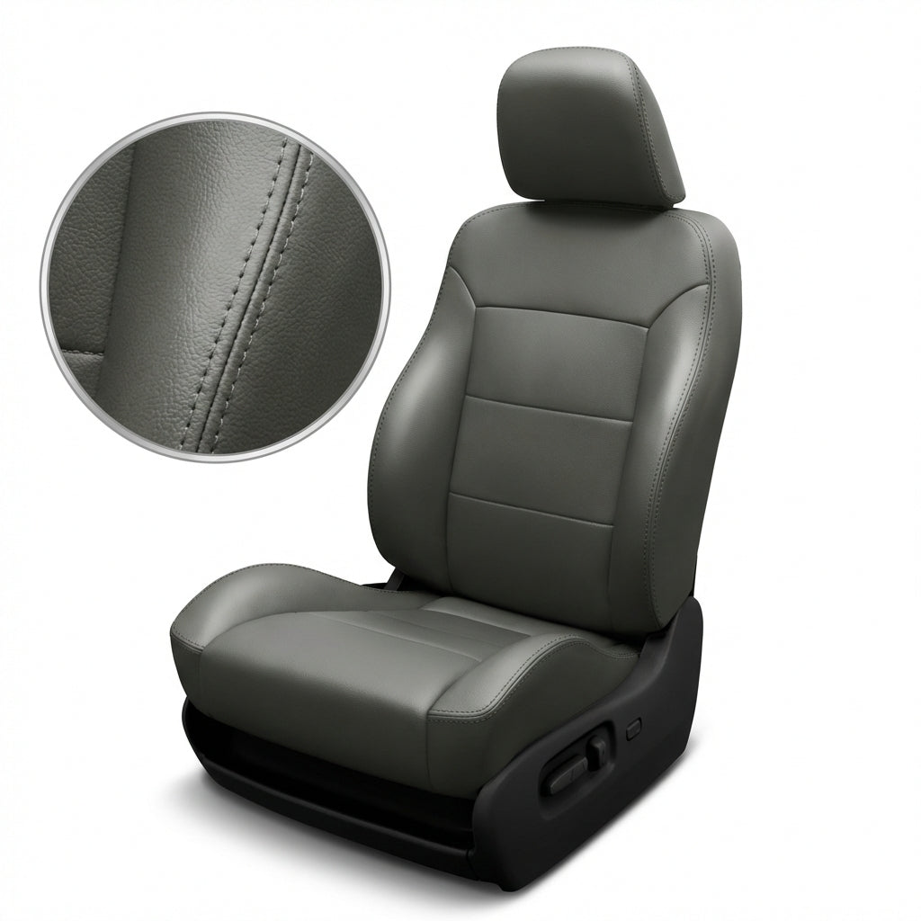 Gray car seat with detailed stitching on a white background