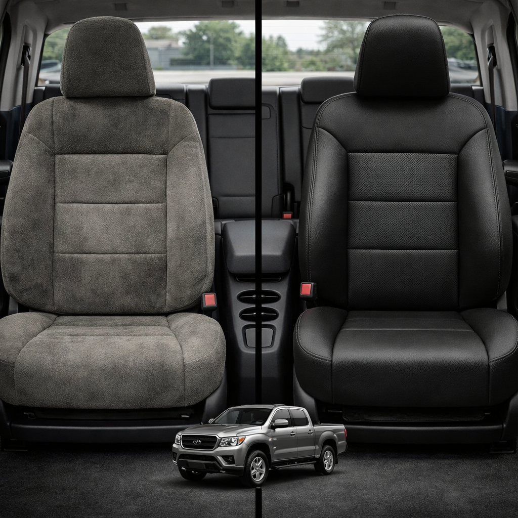 Before-and-after comparison of Hyundai Entourage front seats, showing original cloth seat upgraded to perforated leather upholstery.
