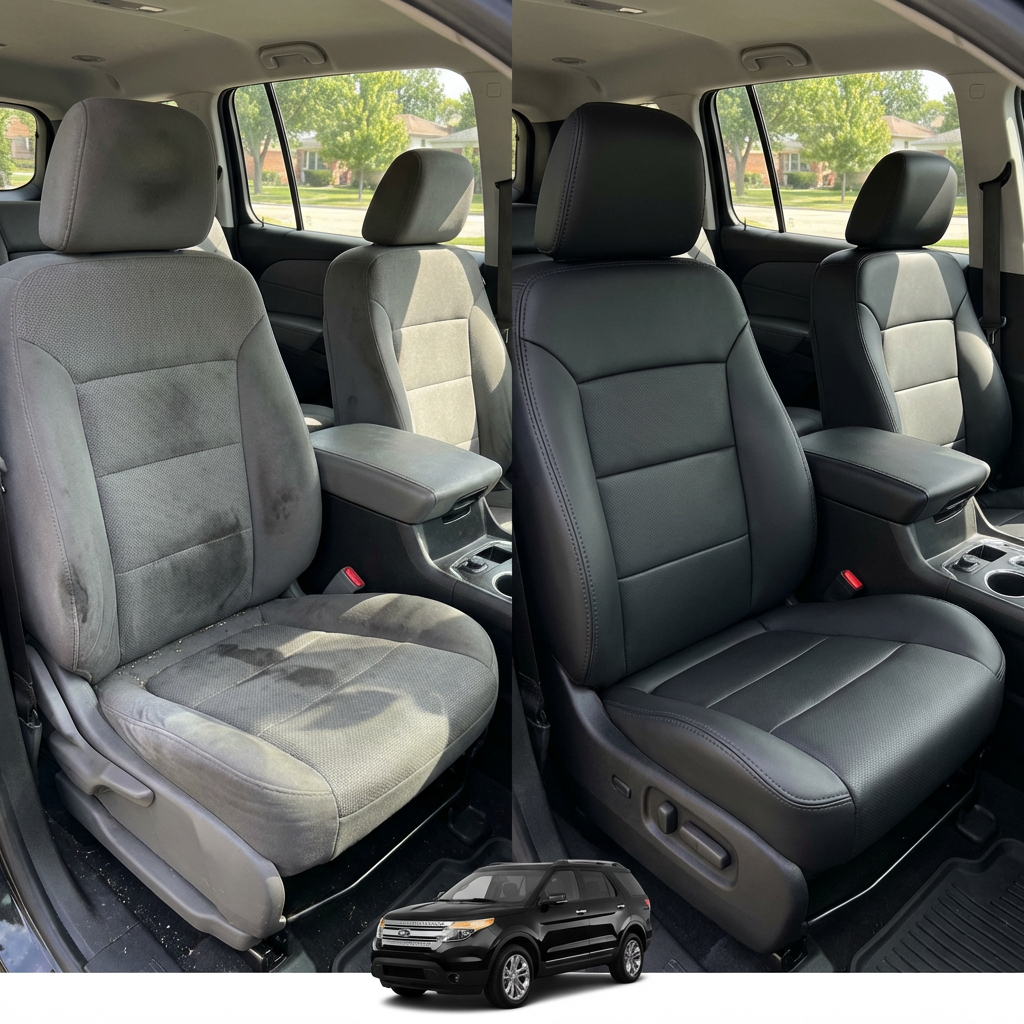 Before-and-after comparison of Saturn_Aura front seats, showing original cloth seat upgraded to perforated leather upholstery.