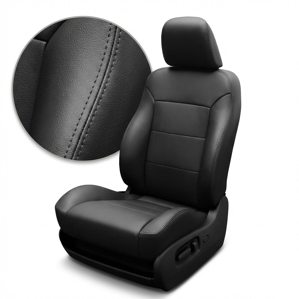 Black car seat cover with detailed stitching on a white background