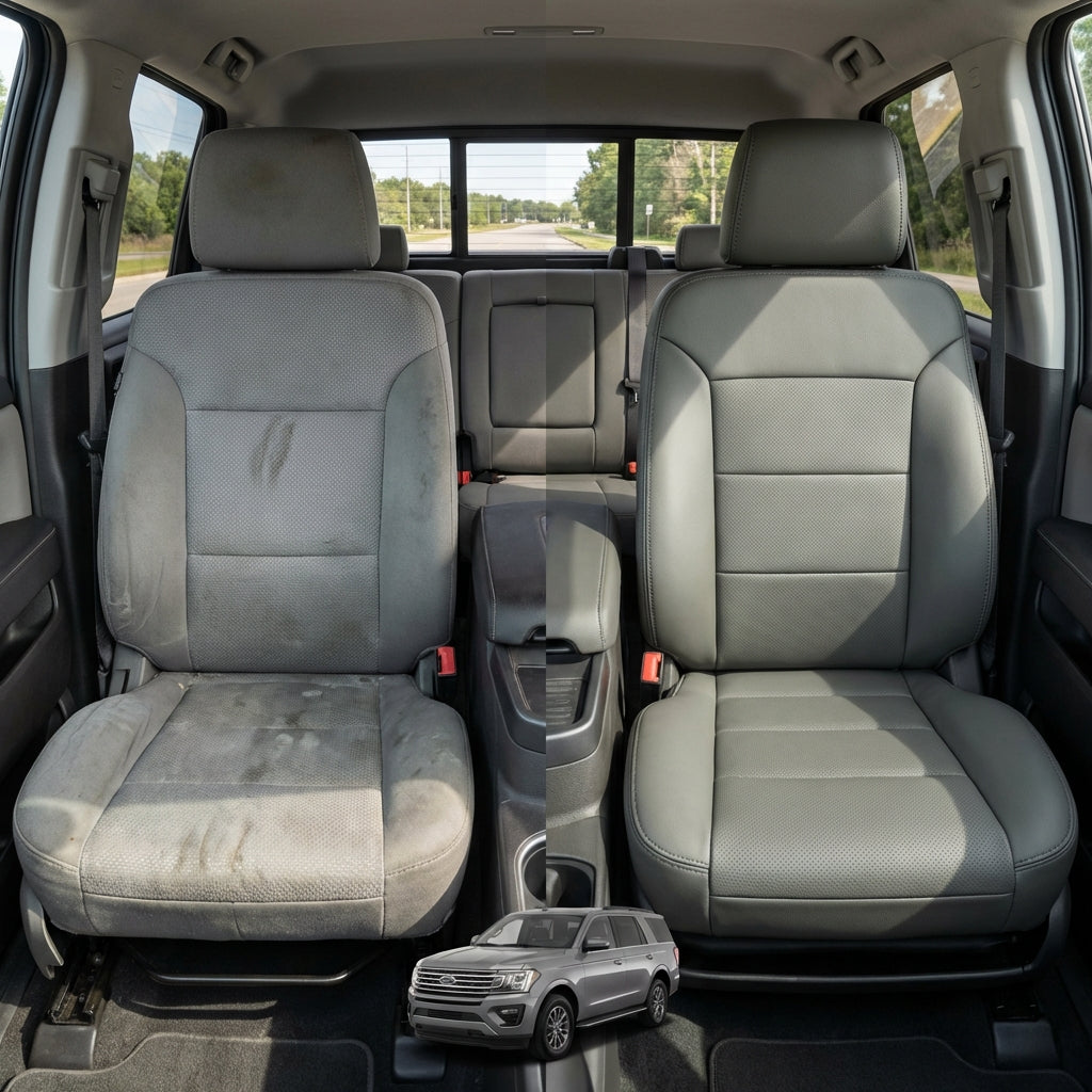 Before-and-after comparison of Saturn_Aura front seats, showing original cloth seat upgraded to perforated leather upholstery.
