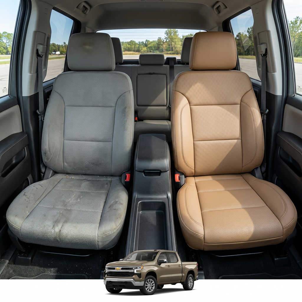 Before-and-after comparison of Suzuki SX4 front seats, showing original cloth seat upgraded to perforated leather upholstery.