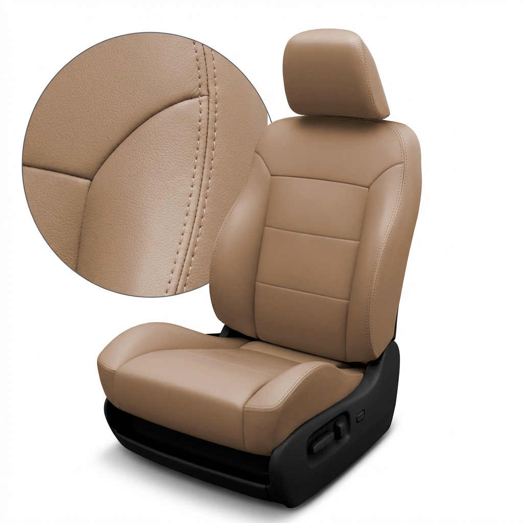 Beige car seat with detailed stitching on a white background