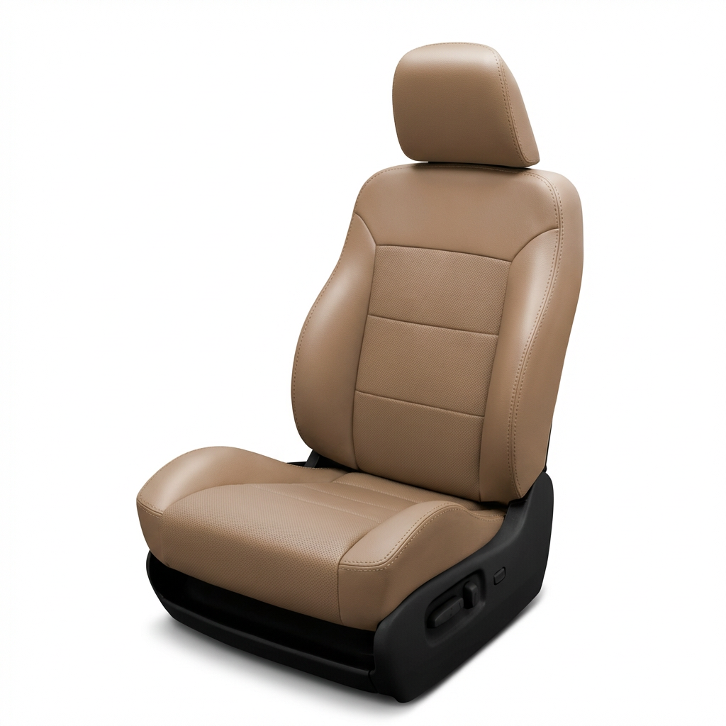 Beige car seat with headrest on a white background