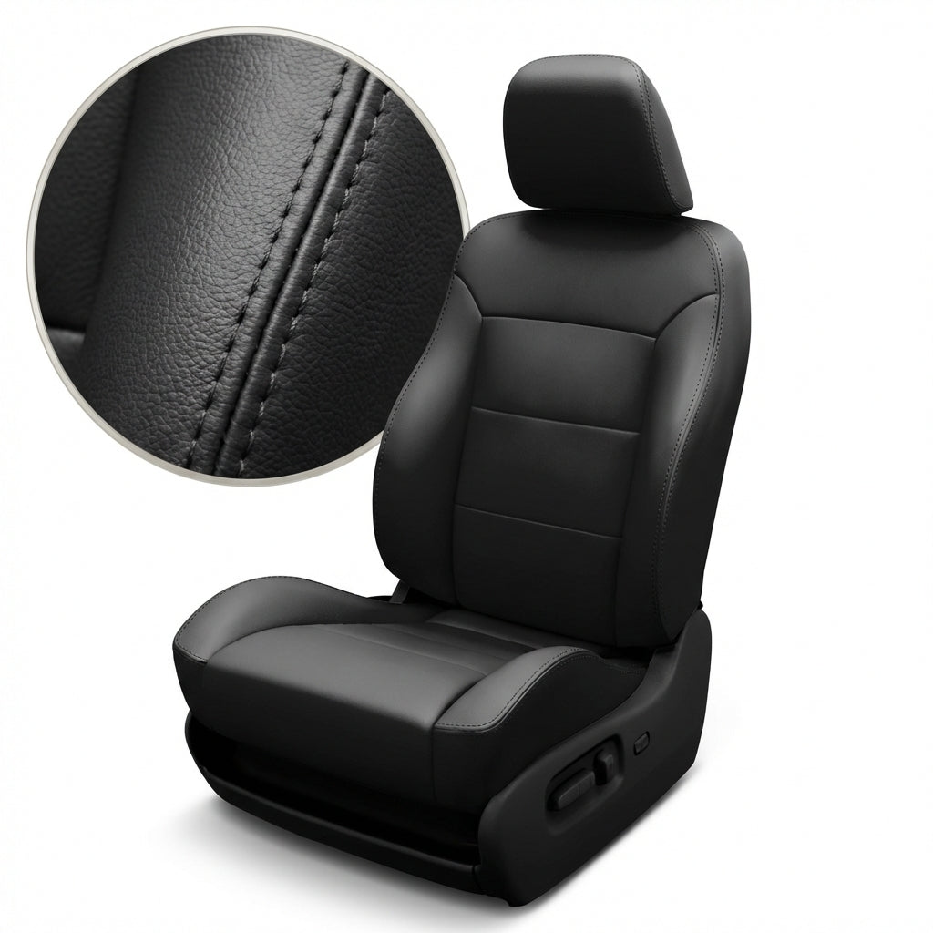 Black car seat cover with detailed stitching on a white background