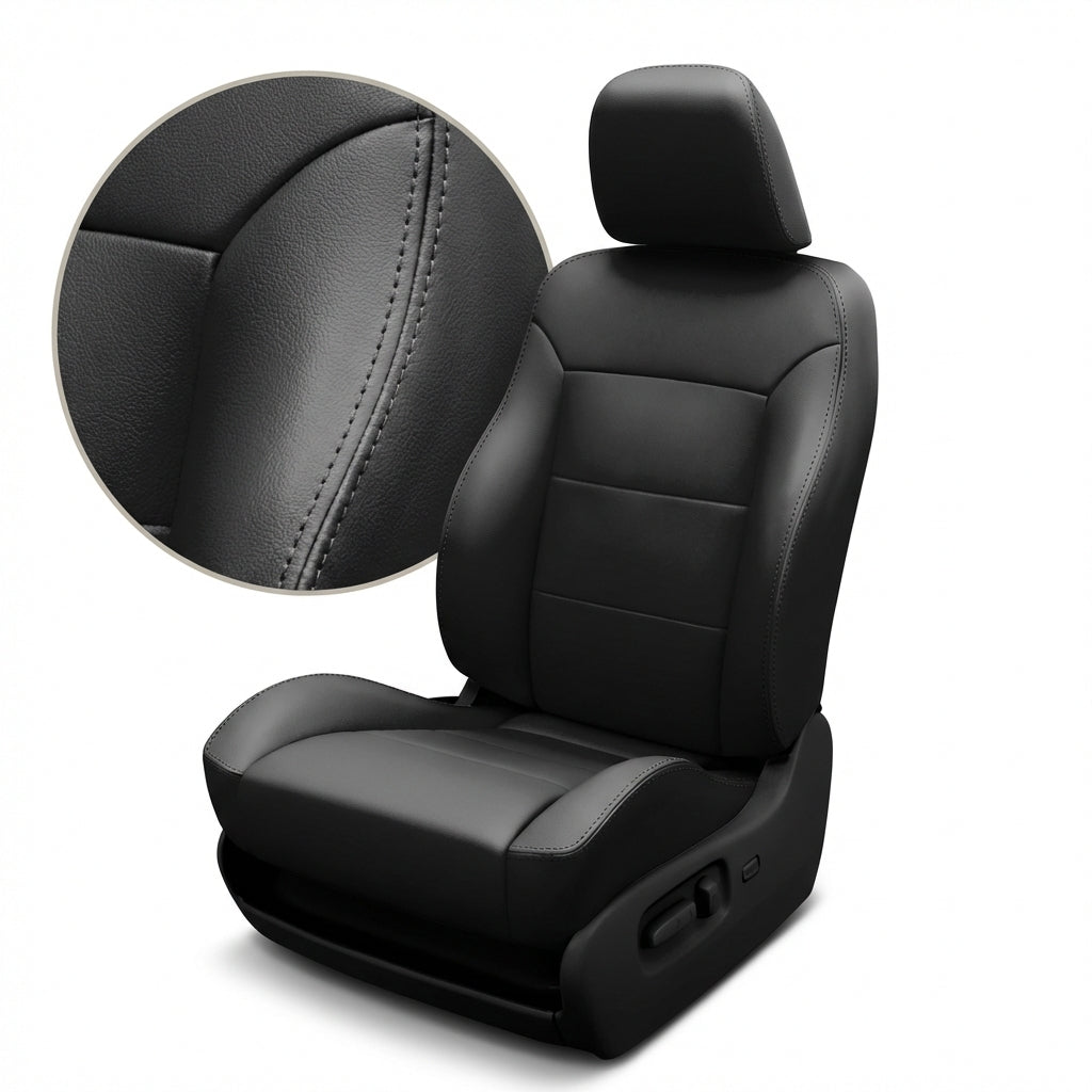 Black car seat with detailed stitching on a white background