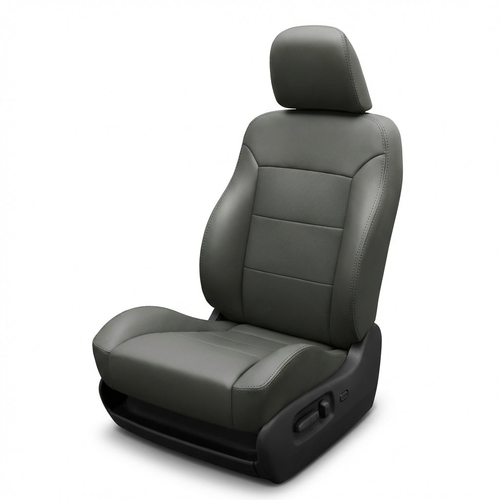 Gray car seat with black base on a white background
