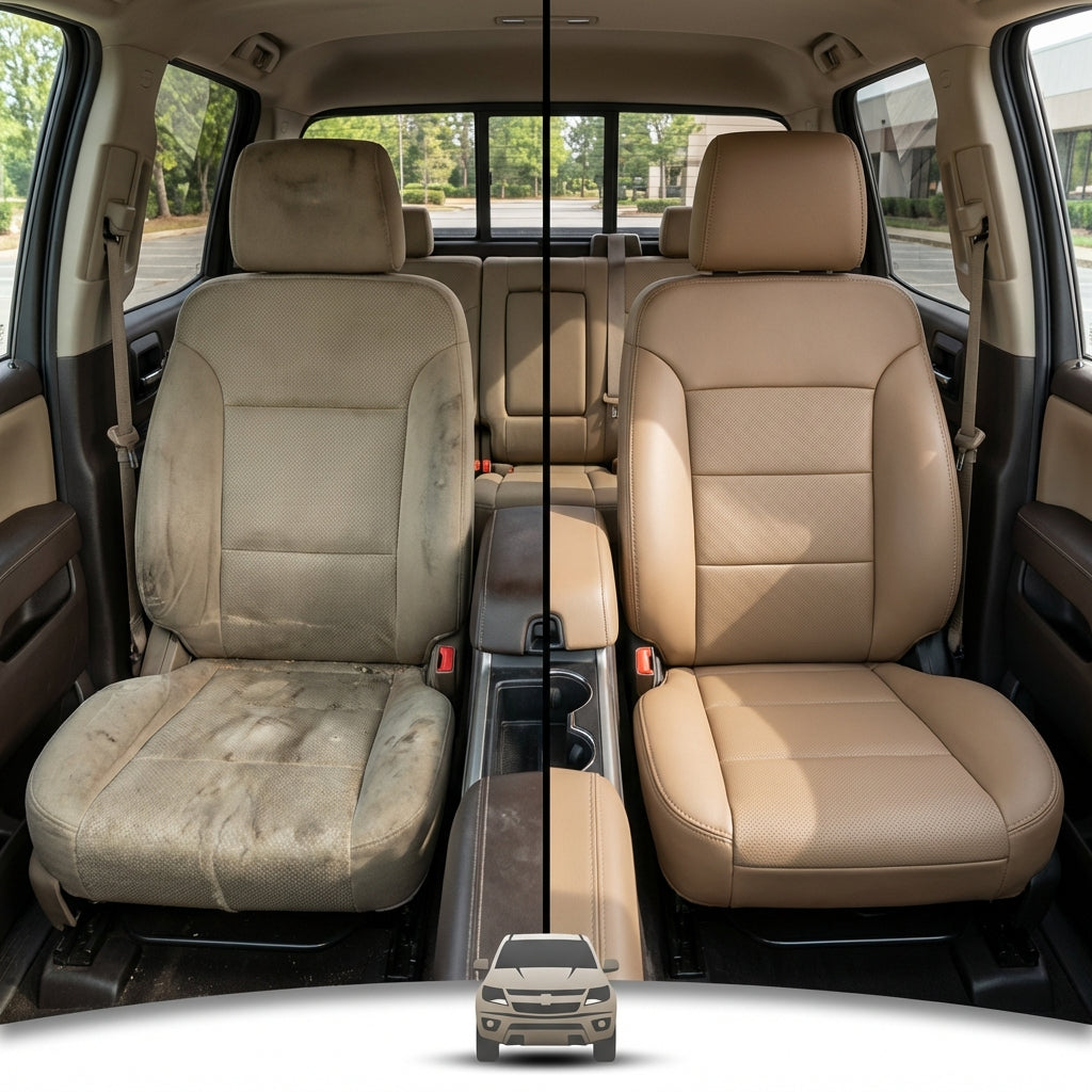 Before-and-after comparison of Chevrolet HHR front seats, showing original cloth seat upgraded to perforated leather upholstery.
