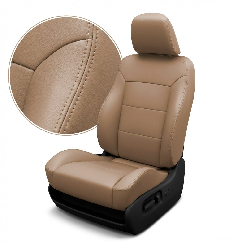 Beige car seat with detailed stitching on a white background