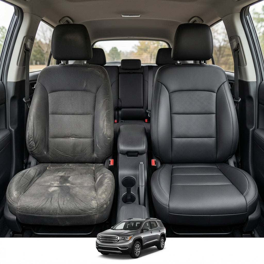  Before-and-after interior photo of a 2007 Chrysler Aspen showing the driver seat in worn black cloth on the left and the upgraded Leatherteck/Katzkin F1 black leather seat on the right with perforated inserts and black stitching; rear seats and center console visible, with a small SUV graphic at the bottom.

