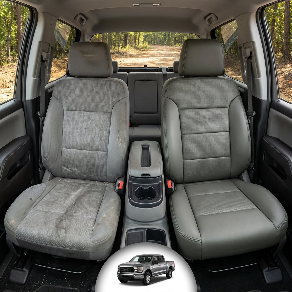 Before-and-after comparison of Dodge_Sprinter front seats, showing original cloth seat upgraded to perforated leather upholstery.