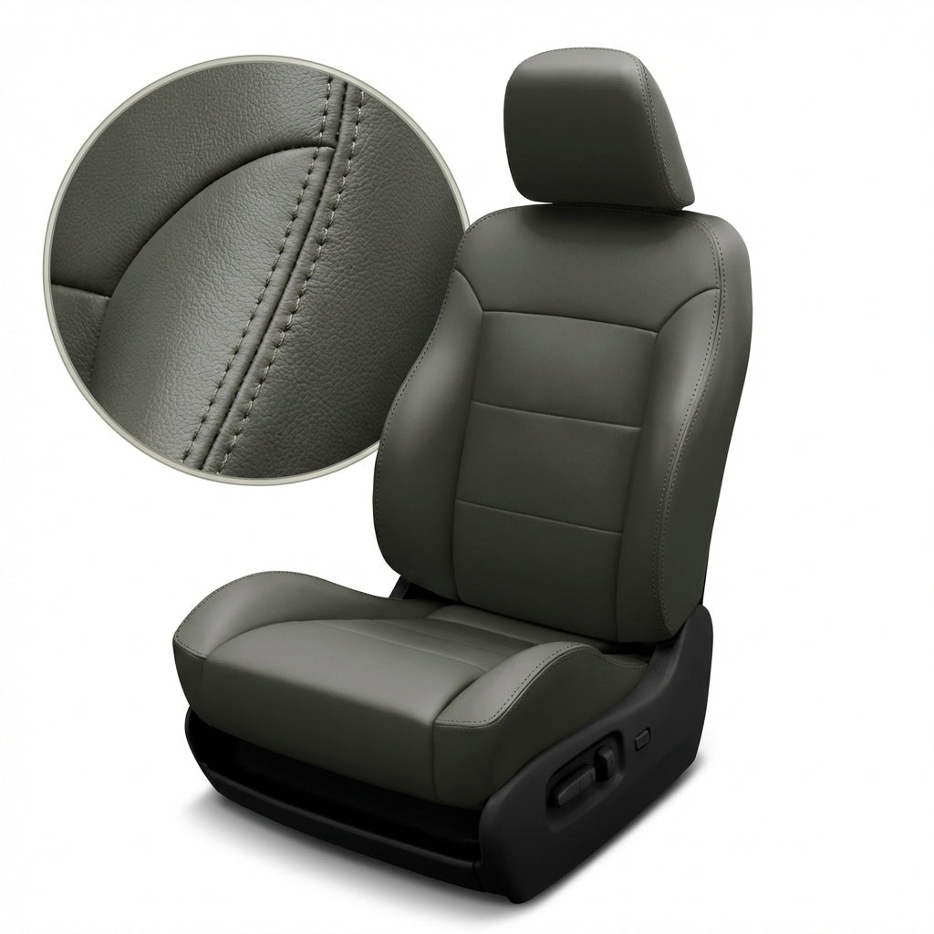 Gray car seat with detailed stitching on a white background