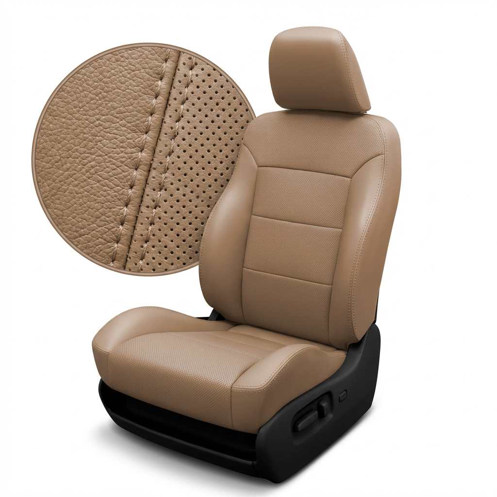 Tan Beige car seat with headrest and detailed close up stitching on white background