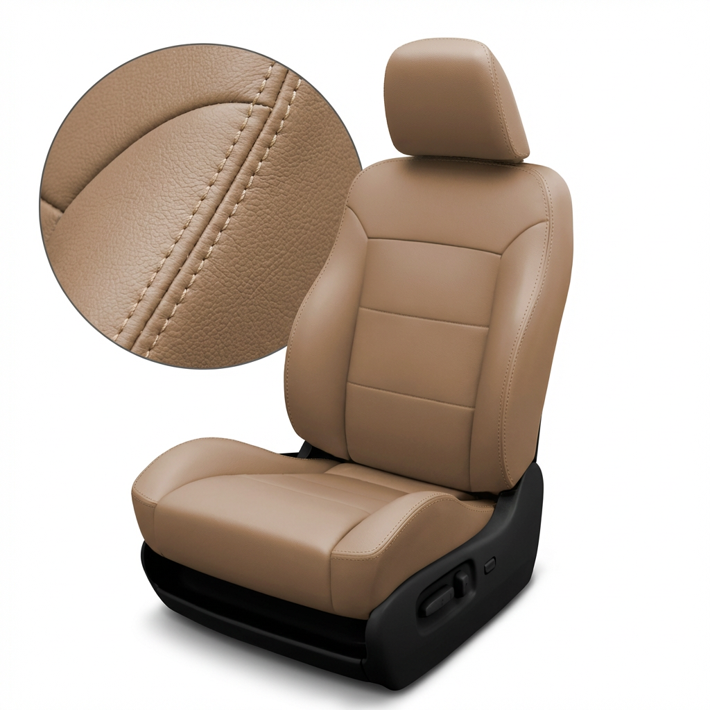 Tan Beige car seat with headrest and close up deatiled texture on white background