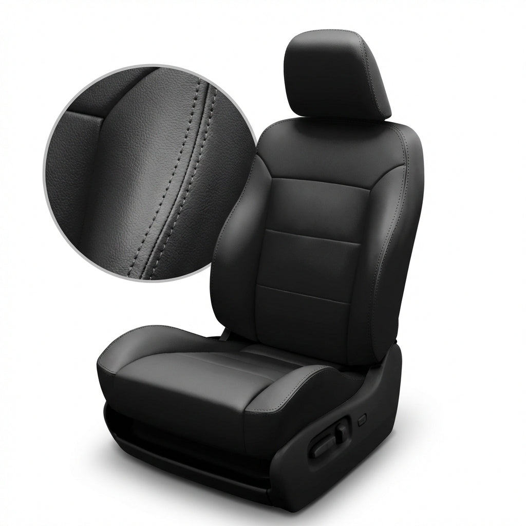 Black car seat cover with detailed stitching on a white background