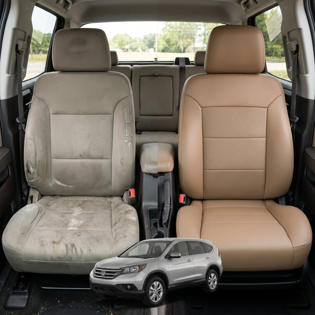 Before-and-after comparison of Mercury_Mariner front seats, showing original cloth seat upgraded to perforated leather upholstery.