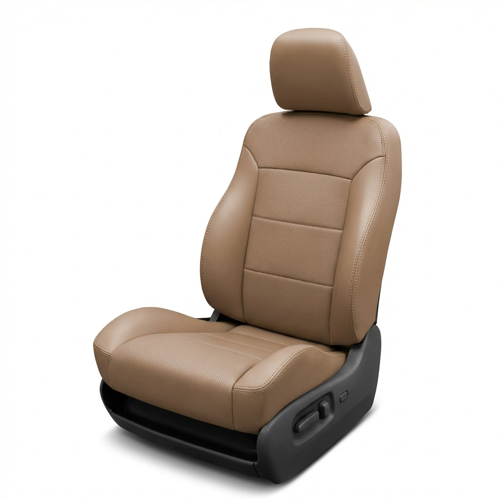 Beige car seat with headrest on a white background
