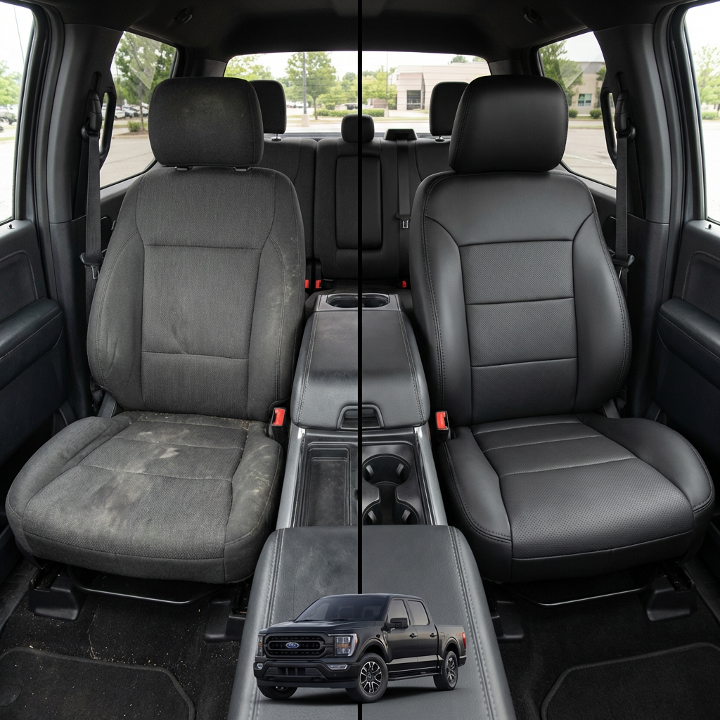 Before-and-after comparison of Pontiac_G8 front seats, showing original cloth seat upgraded to perforated leather upholstery.