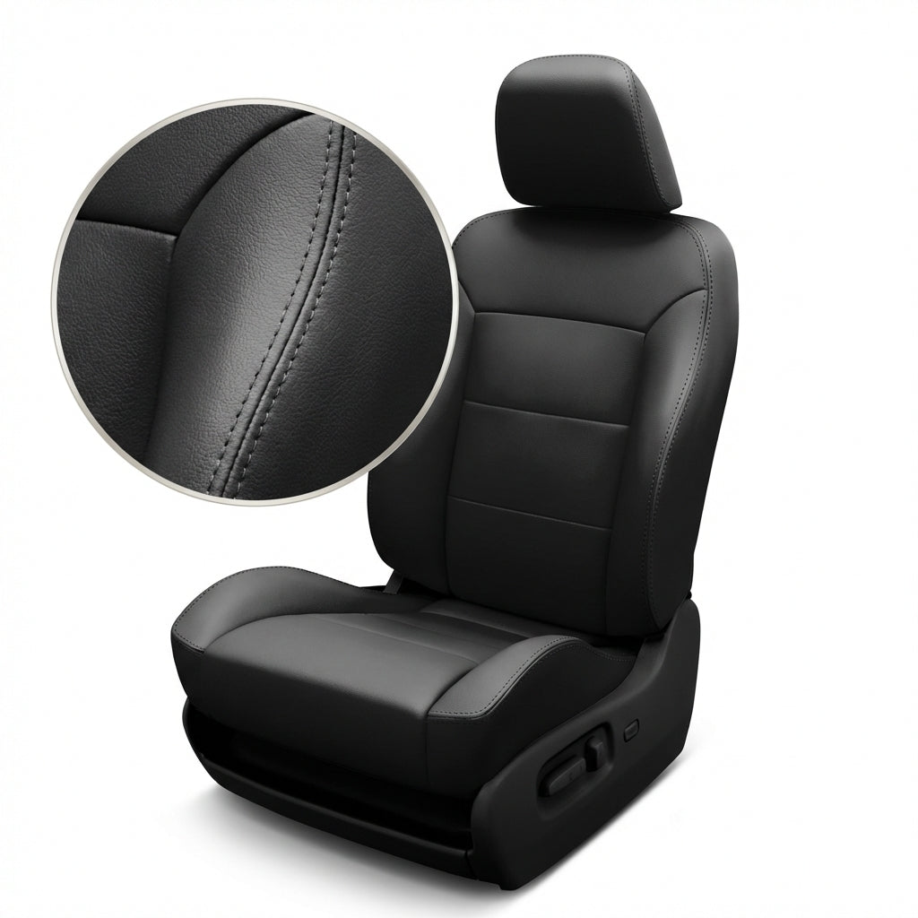 Black car seat cover with detailed stitching on a white background